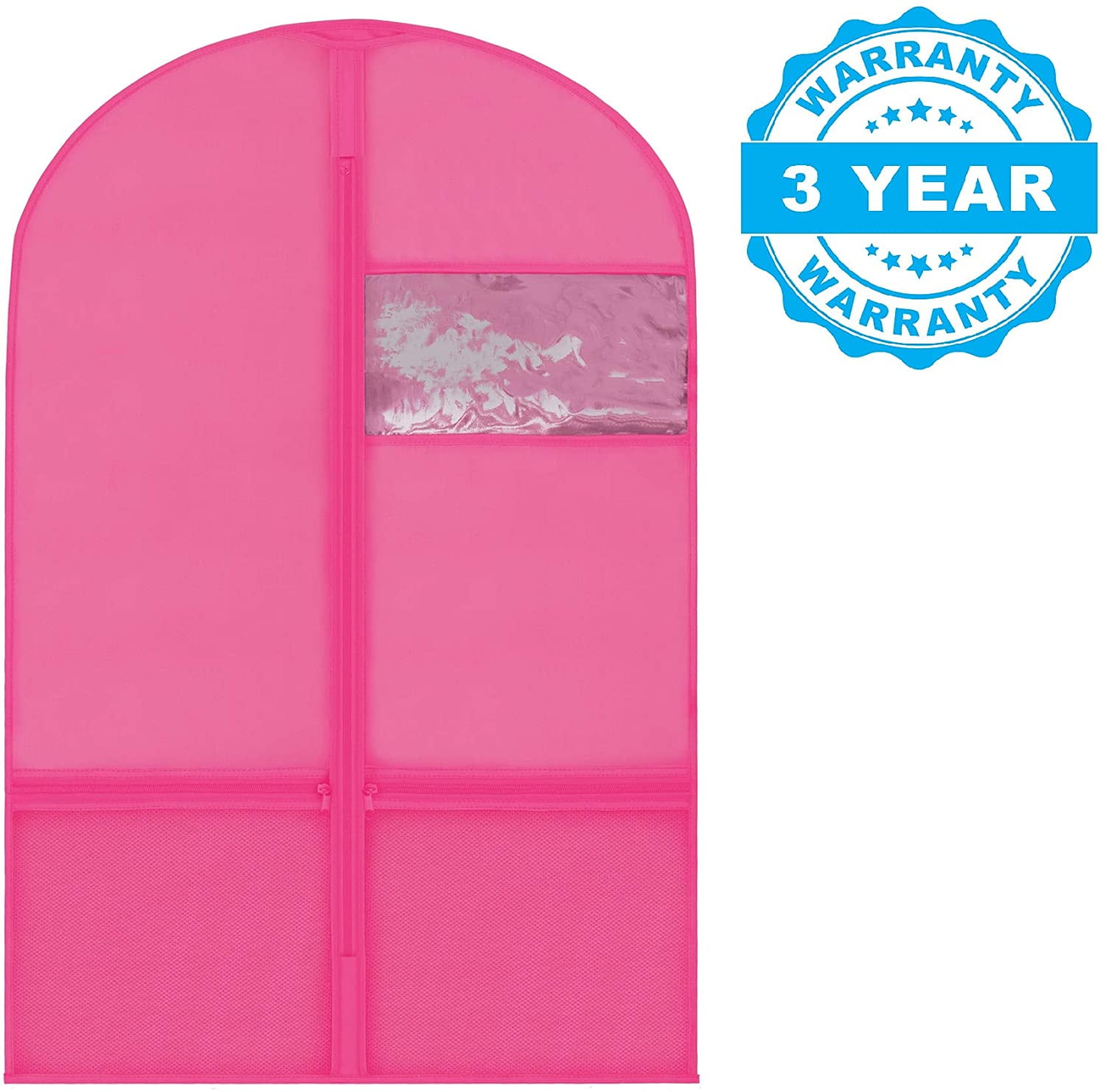 Plixio Garment Bags for Kids Dance Costumes with Transparent Window and Zippered Mesh Pockets for Shoes Clothing and Accessory Storage (3 Pack) (Pink: 36" x 23")