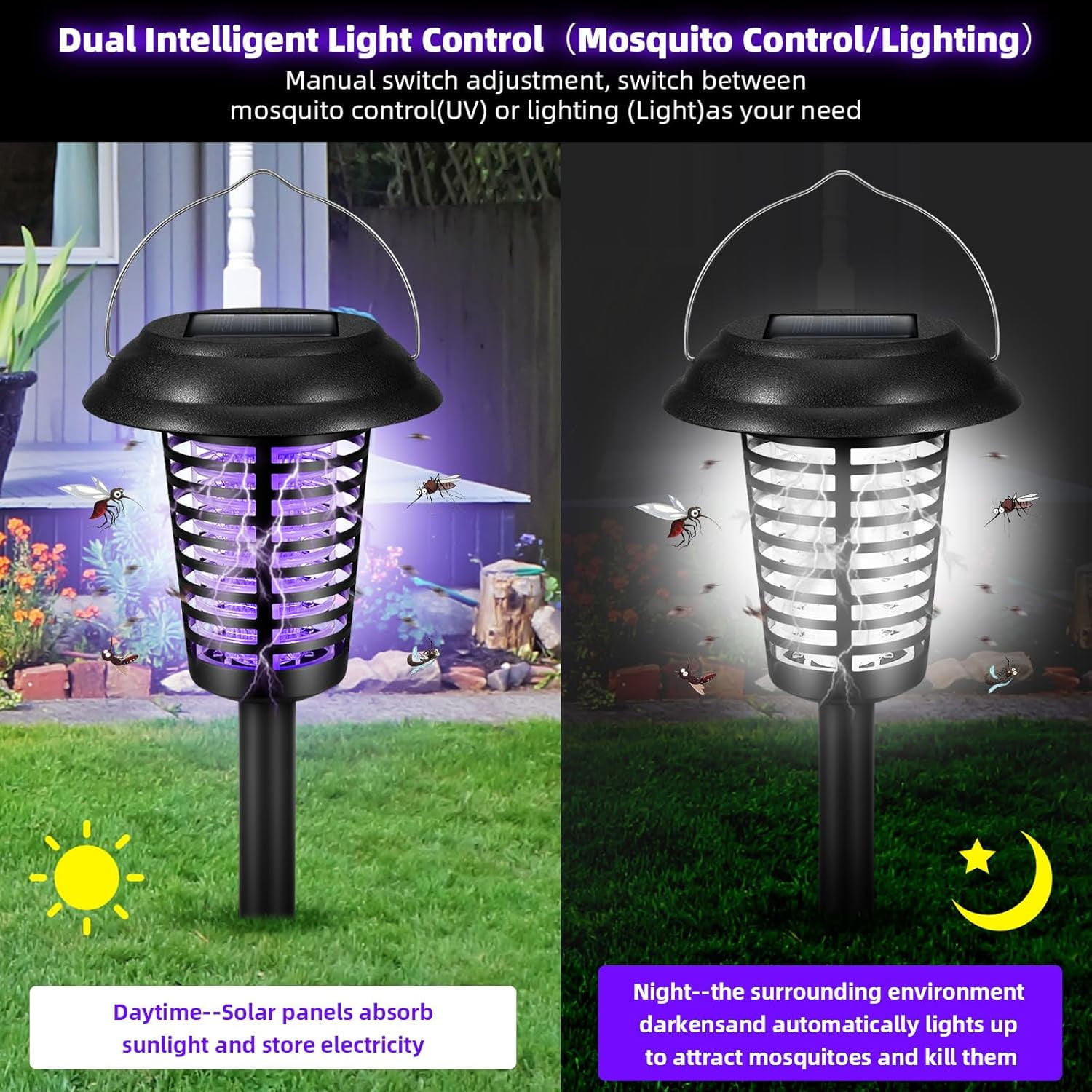 G · PEH Solar Bug Zapper, 2 Pack Outdoor Solar Powered Mosquito Zapper Killer Lamp Fly Zapper Repellent Lighting Stake Landscape Fixture
