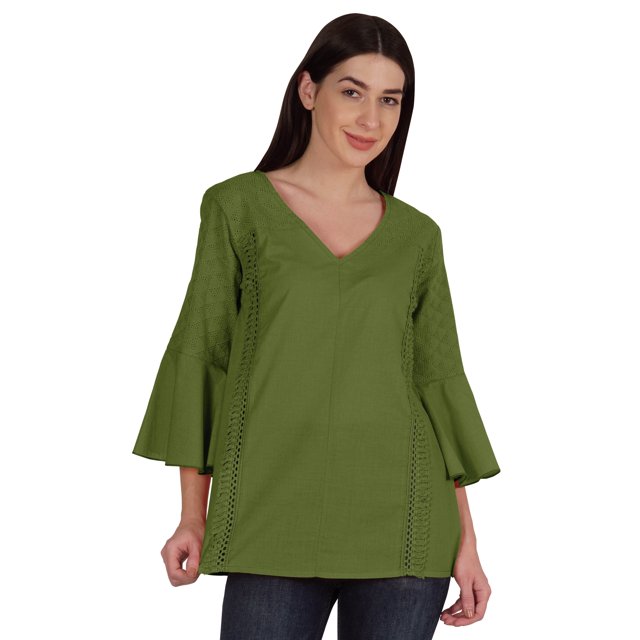 Moomaya Tunique en Coton à Manches Cloche pour Femmes Col en V Simple Top Schiffli d'Été