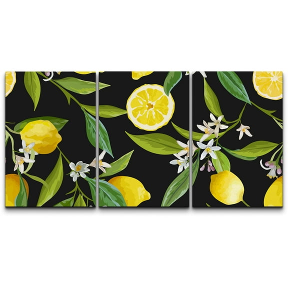 wall26 - 3 Piece Canvas Wall Art - Vector - Seamless Pattern. Lemon Fruits Background. Floral Pattern - Modern Home Art Stretched and Framed Ready to Hang - 16"x24"x3 Panels