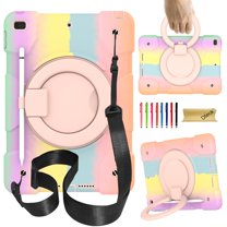 Dteck Rugged Case for 10.2-inch iPad 9th/ 8th/ 7th Generation with Shoulder Strap, Shockproof Case with Pencil Holder Rotating Handle Grip Stand Case for iPad 10.2" 2021/2020/2019,Rainbow Pink
