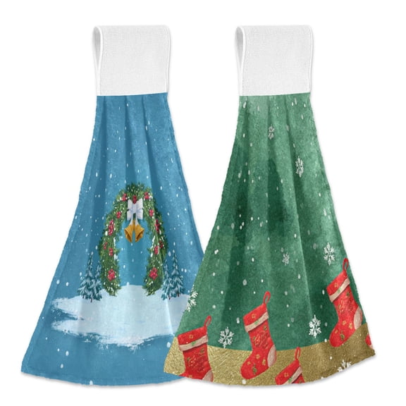 IAUYY Kitchen Hanging Towels Set of 2 100% Polyester Absorbent, Super Soft Hand Towels with Hanging Loops for Bathroom Kitchen Green Plants Green Christmas Stocking