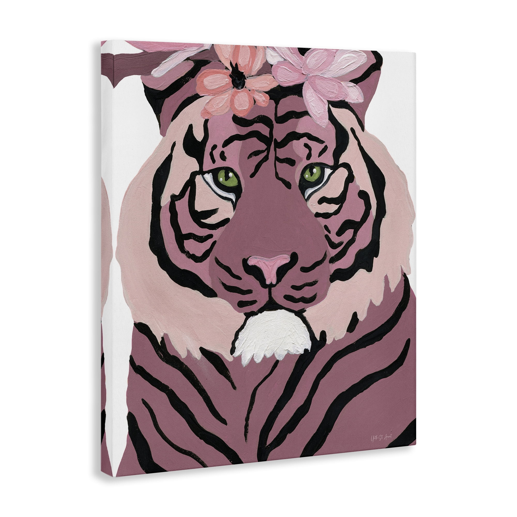 Stupell Industries Tiger with Pink Blooms Animals & Insects Painting Gallery Wrapped Canvas Art Print Wall Art, 16 x 20