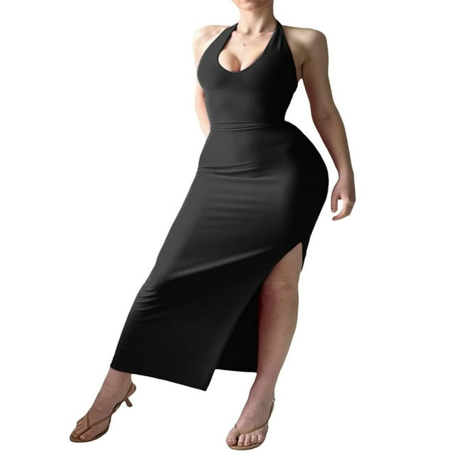 Robe de Soirée Sans Manches à Col Licou Haut Fendue pour Femmes pour l'Été