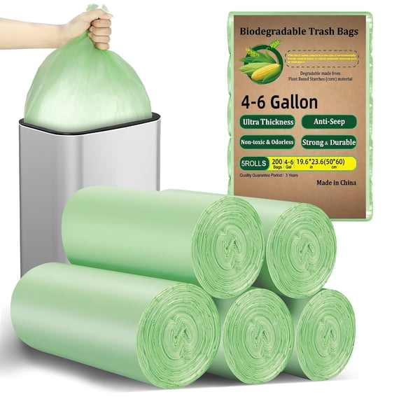 Bolsas de Basura de 4-6 Galones, sin Aroma (Verde, 200 Unidades), Bolsas de Basura Pequeñas Fuertes y a Prueba de Fugas, Tamaño Expandido para Baño, Recámara, Cocina y Oficina, 4, 5, 6 Gal