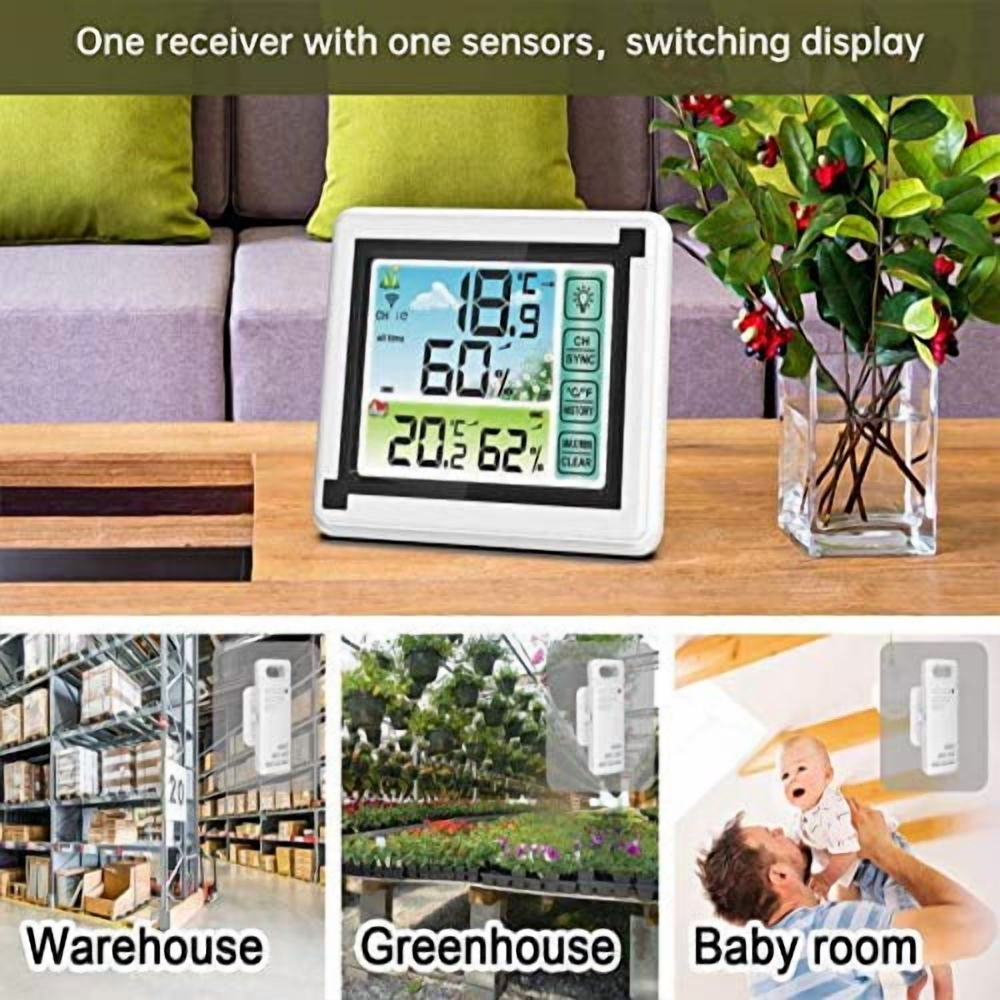 Wireless Weather Station Indoor Outdoor Thermometer with Remote Sensor,Digital Temperature and Humidity Monitor with LCD Backlight,Touchscreen,Min/Max Records for Home,Office,Baby Room