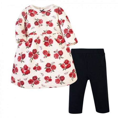 UPC: 0660168259759 | Hudson Baby Infant and Toddler Girl Quilted Cotton Long-Sleeve Dress and Leggings 2pc Set Red Rose 18-24 Months