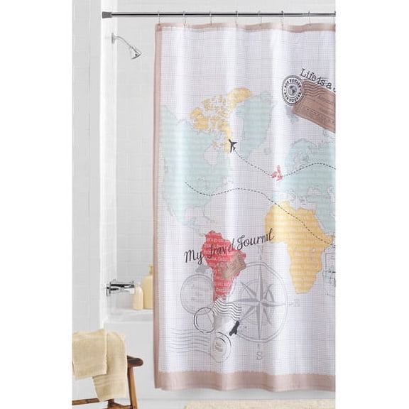 Multicolor Fabric Shower Curtain, 70" x 72", Mainstays World Traveler Map Design