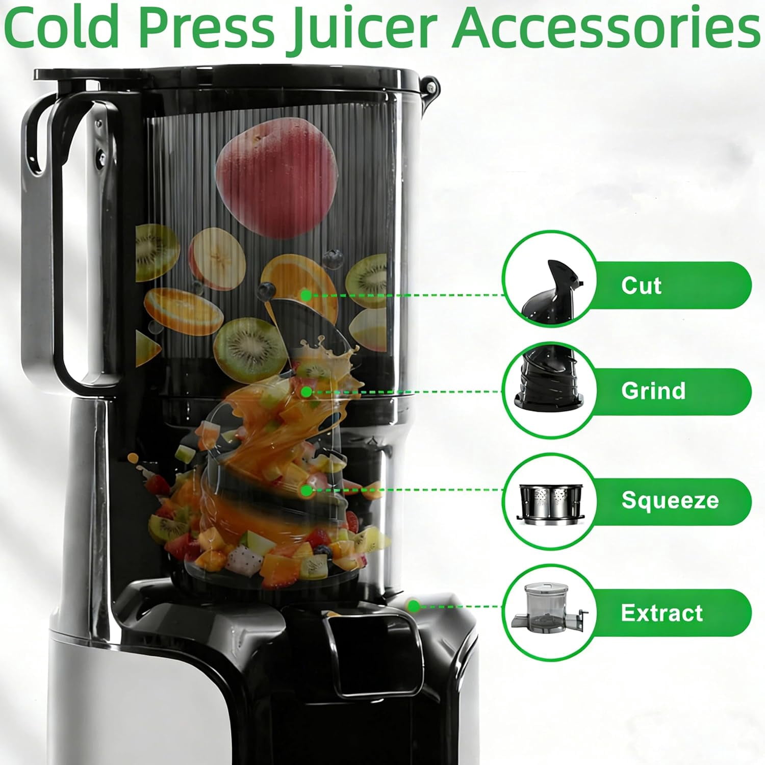 Cold Press Juicer Machine, Slow Masticating Juicer with 4.25" Extra Wide Feed Chute for Whole Fruits & Vegetables, 200W Quiet Motor, High Juice Yield & BPA-Free, Easy to Clean, Silver
