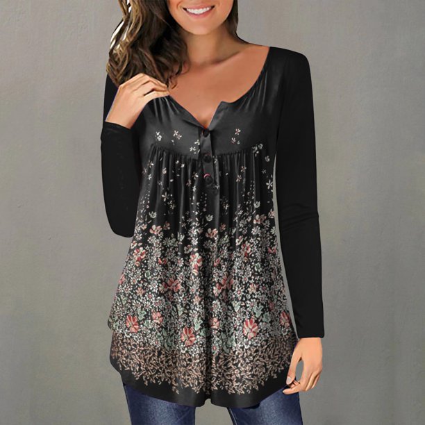Pntutb Mujer Casual Camiseta Impreso Manga Larga Cuello Redondo Fruncido Pullover Blusa tops Pntutb Pntutb-7523