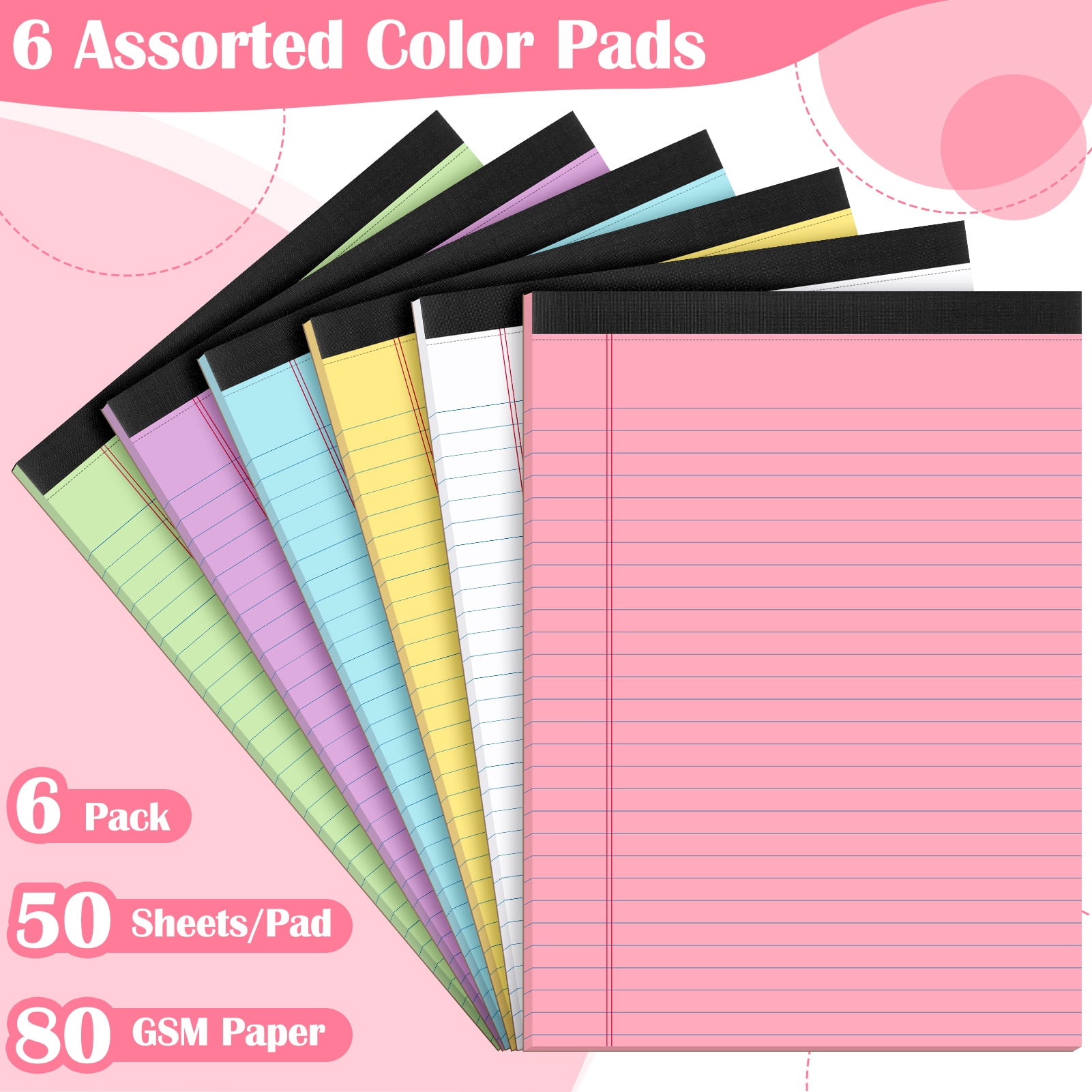 sixwipe Colored Legal Pads, 6 Pack Writing Pads 8.5 x 11 inch, Micro Perforated Notebooks with Sturdy Back, Wide Ruled, 30 Sheets Per Writing Pad for School, College, Office, Professional