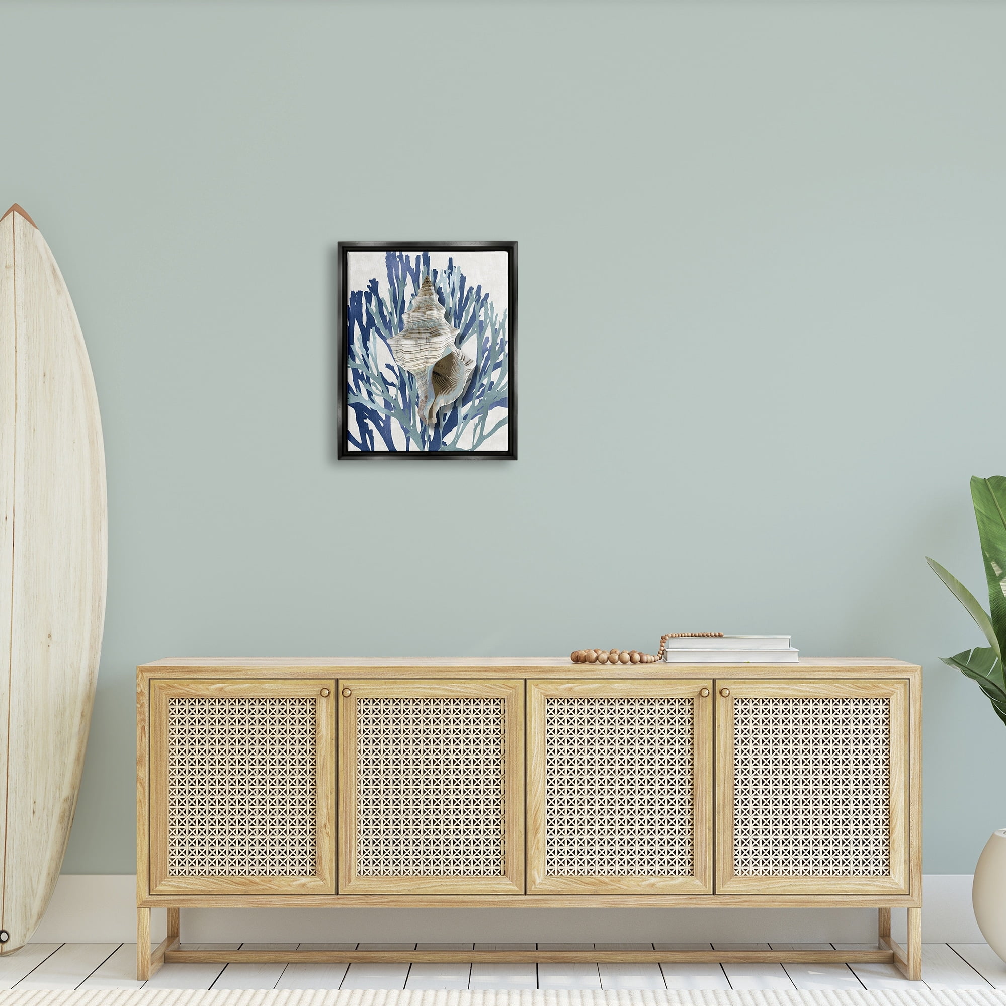 Stupell Industries Tower Shell Coral Blue Beach Design Jet Black Framed Floating Canvas Wall Art, 16x20, by Caroline Kelly