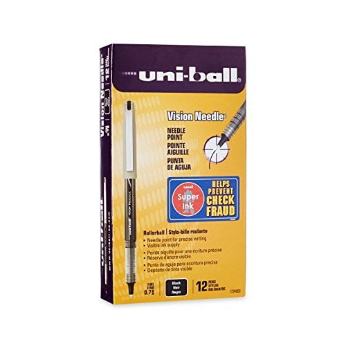 uni-ball vision needle rollerball pens, fine point (0.7mm), black, 12 count