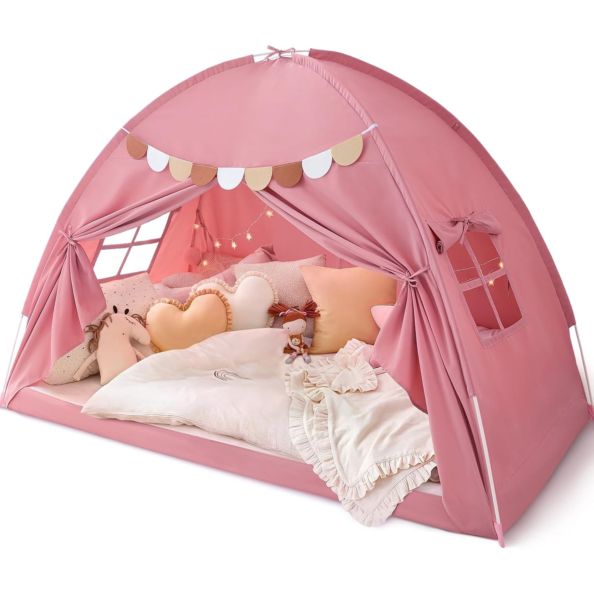 Bed Tent Twin, Bed Canopy for Kids Girls, Tents Toddler Portable Sleeping Tents Indoor, Pink Bunk Canopy Floor Playhouse for Twin Size Bed for Birthday Toy House Gift