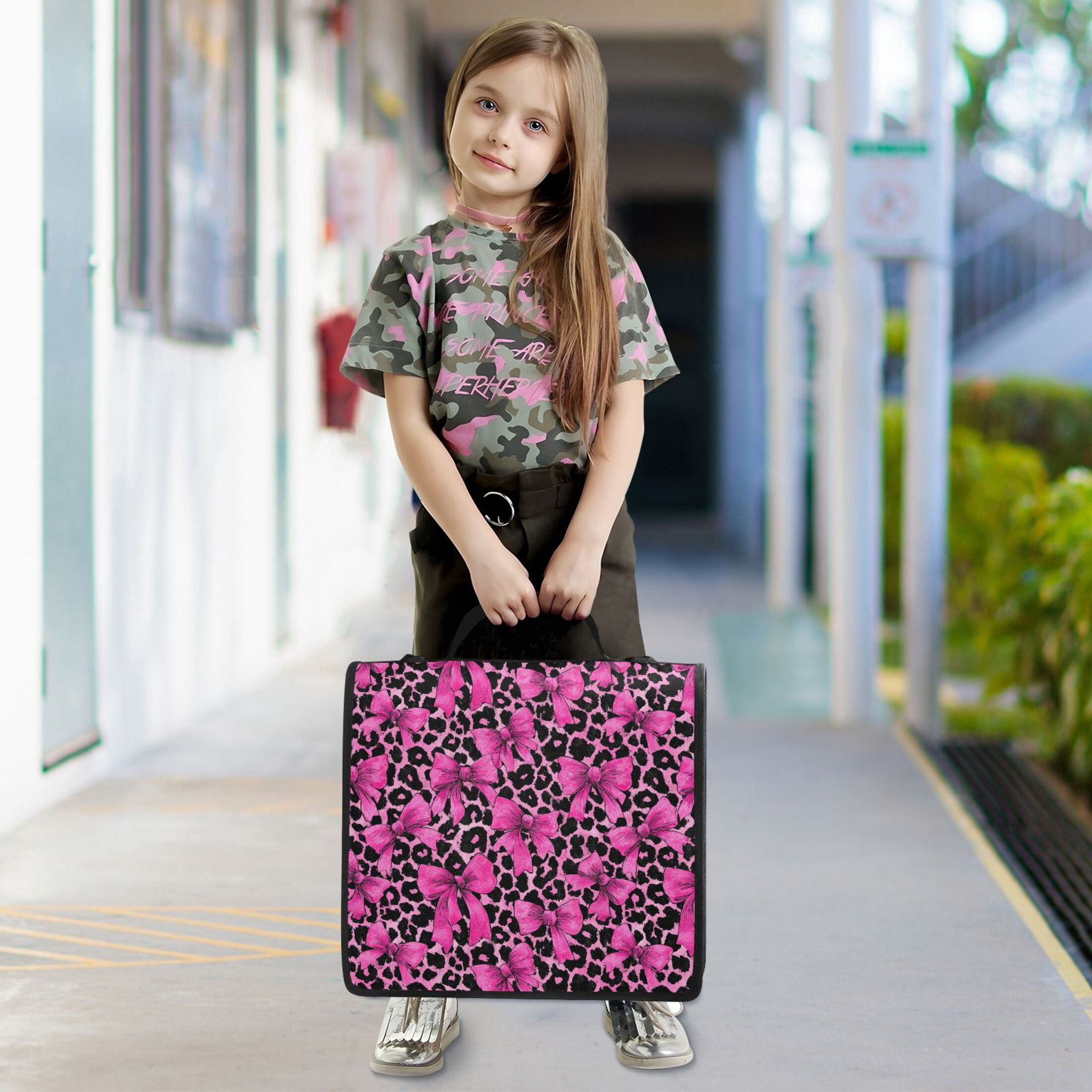 Zipper Binder Bow and Leopard Print 1.5 Inch Binder Folder Bag with Shoulder Strap and Handle