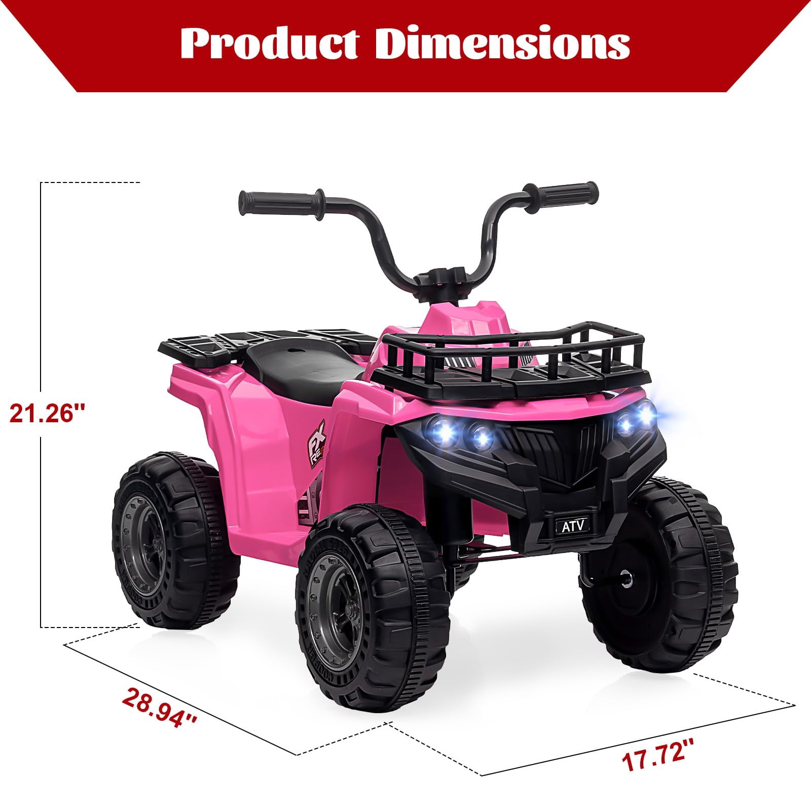 TROPOW 12V Ride On Toys for Boys,Kids Ride On ATV,4 Wheeler Electric Vehicle for Kids,Battery Powered Quad Toy Vehicle with Music,Horn,High Low Speeds,Led Lights,Electric Ride On Toy,Pink