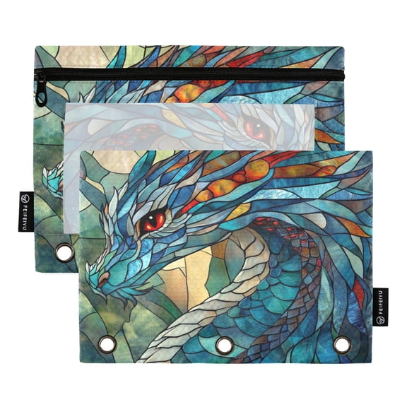 2 Pack Flip Folders with Clear PVC Window Binder Pouches 3-Ring Binder Organizer for Office & Home Stained Glass Dragon