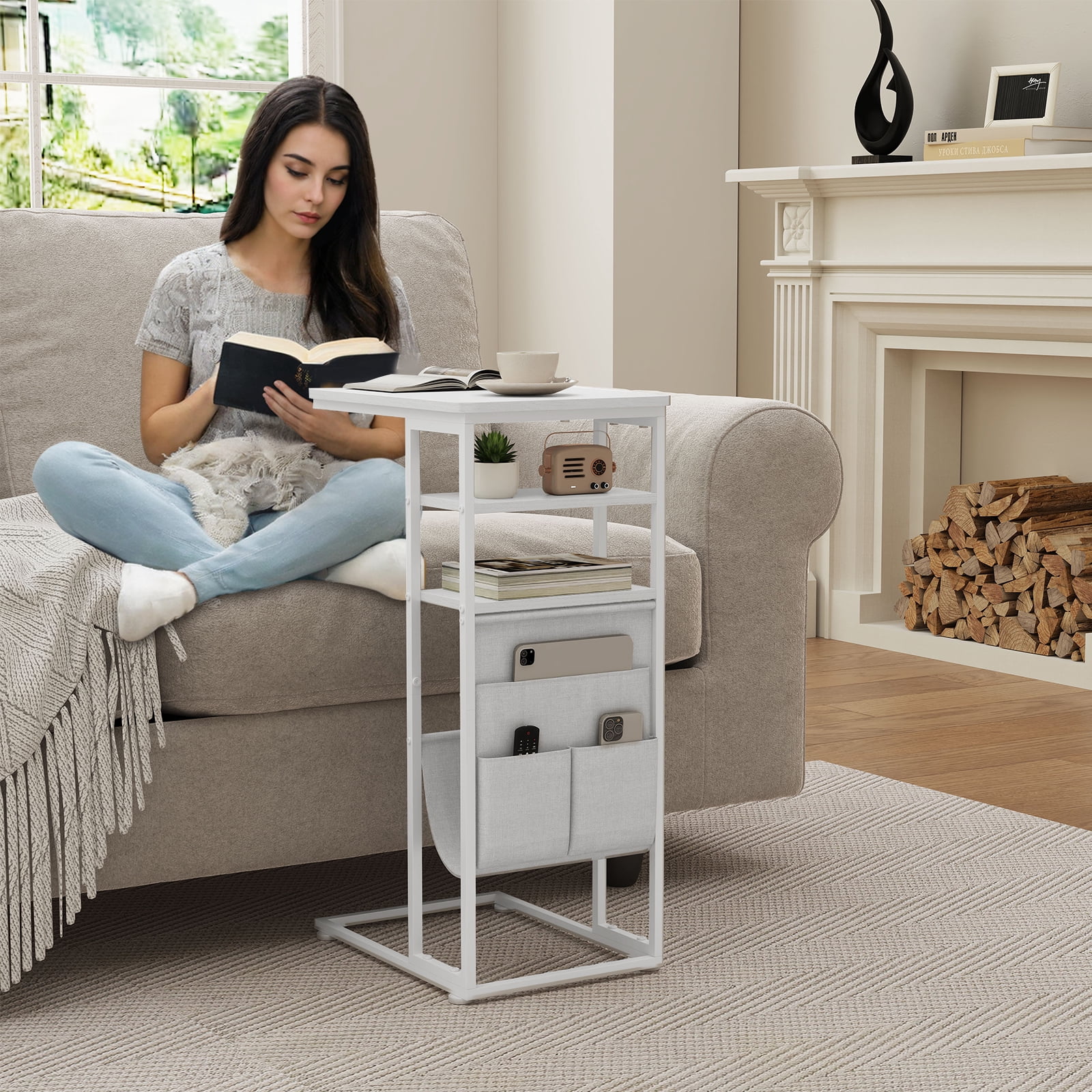 ZEXVIDA C Shaped Side Table, 3 Tier Sofa End Tables with Storage Bag, Sturdy Slide Under Sofa Slim Side Tables with Metal Frame for Small Spaces, Living Room, Bedroom, Industrial (White)