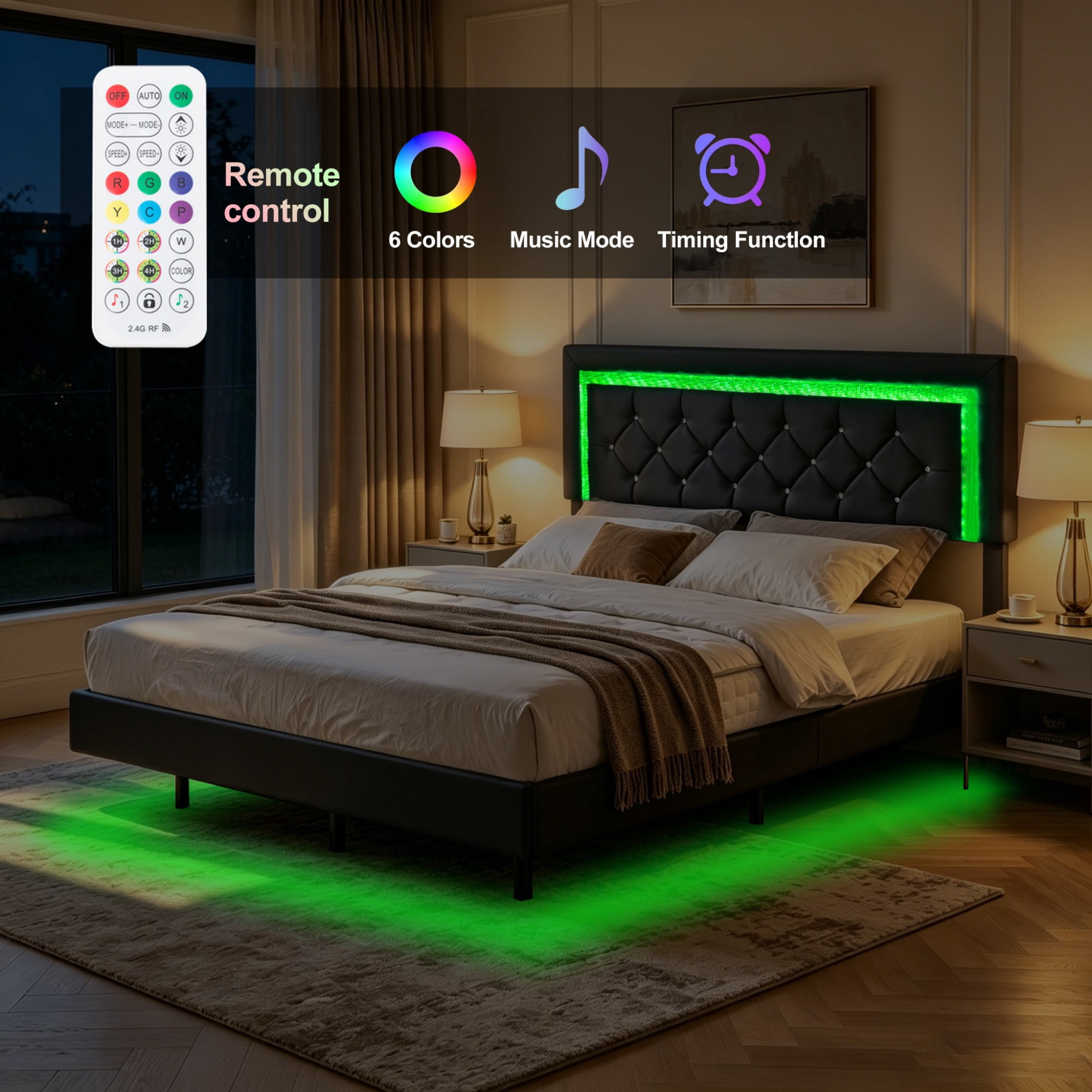 BSHTI Queen PU Platform Bed Frame with Upholstered Headboard, Colorful LED Lights, Wood Slat Support, No Box Spring Needed for Bedroom（Black）