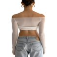 thumbnail image 4 of Women Off Shoulder Long Sleeve Top Mesh Ruched Slim Fit Crop T Shirt Sheer Blouse, 4 of 6