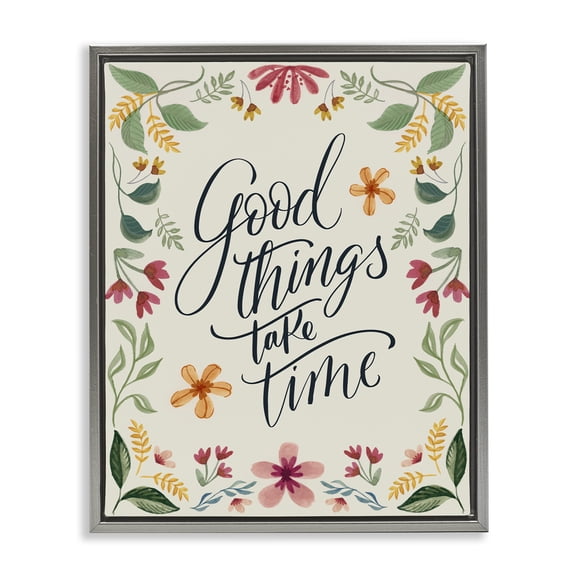 Stupell Industries French Country Good Things Take Time Phrase Gray Floating Frame Canvas Art, 17 x 21, by Kristen Brockmon