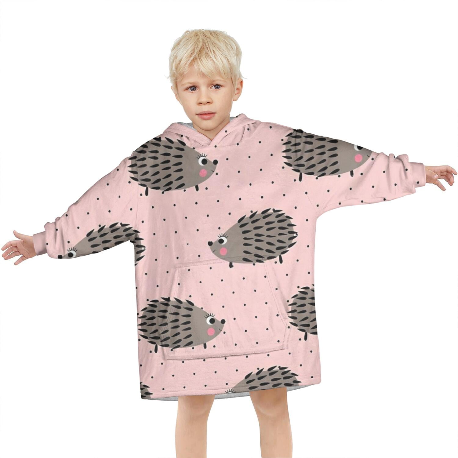 Pink Hedgehog Pattern Blanket Hoodies for Kids 6-13YR Oversize Wearable Blanket Hoodies for Boys Girls Teens