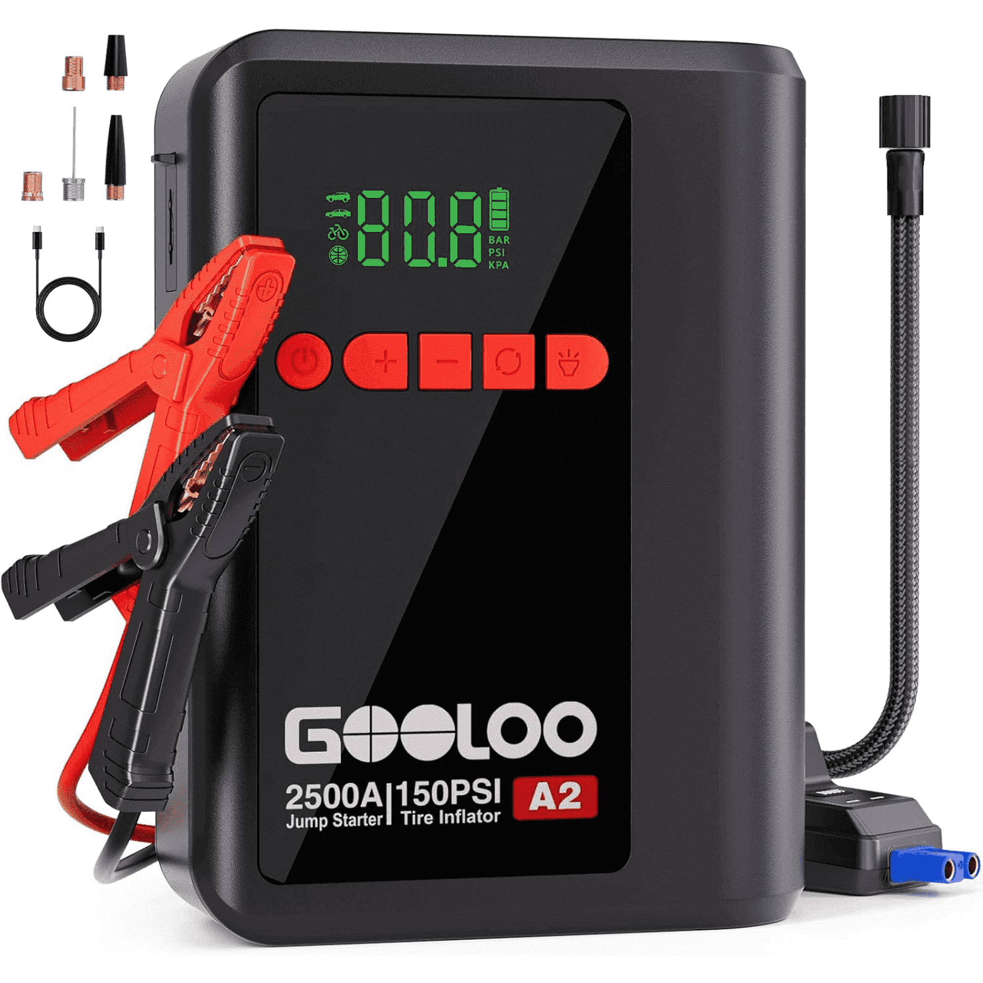 GOOLOO A2 8-in-1 Jump Starter with Air Compressor, 2500A Car Battery Booster (Up to 8L Gas/6L Diesel) 150 PSI Cordless Auto-Shutoff Tire Inflator, 12V Supersafe Lithium Jump Box with Jumper Cables