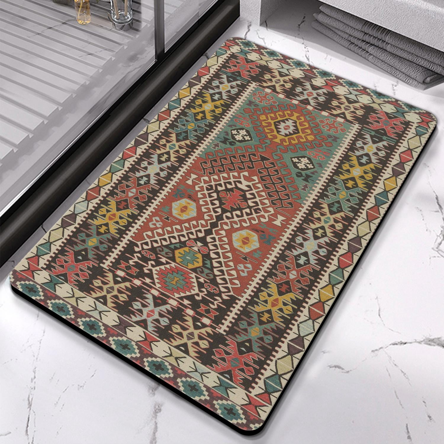 Experience Luxury with our Boho Bathroom Rugs: Non-Slip Aztec Bath Mat, Soft and Absorbent, with Western Geometric Design - Perfect for Modern Farmhouse Decor, 20x32 Inch