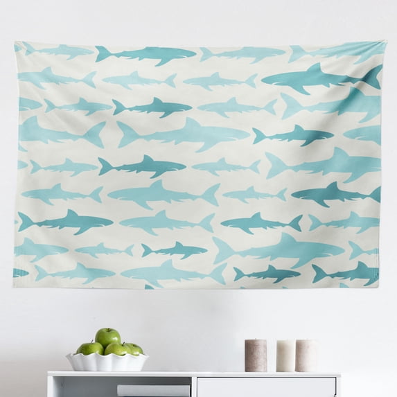 Sea Animals Tapestry, Pattern of Shark Fins Speedy Fish Hunting Minimalistic Design Artwork Print, Fabric Wall Hanging Decor for Bedroom Living Room Dorm, 2 Sizes, Black White, by Ambesonne