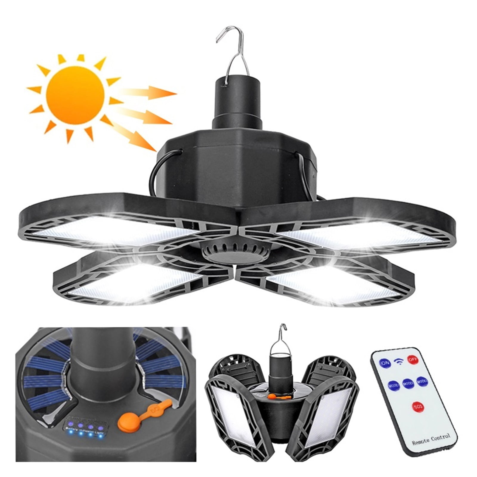 104 LED Solar Camping Light 4 Leaf Foldable Garage Light Rechargeable With Remote Waterproof Outdoor Emergency Tent Light ,Easy to Install