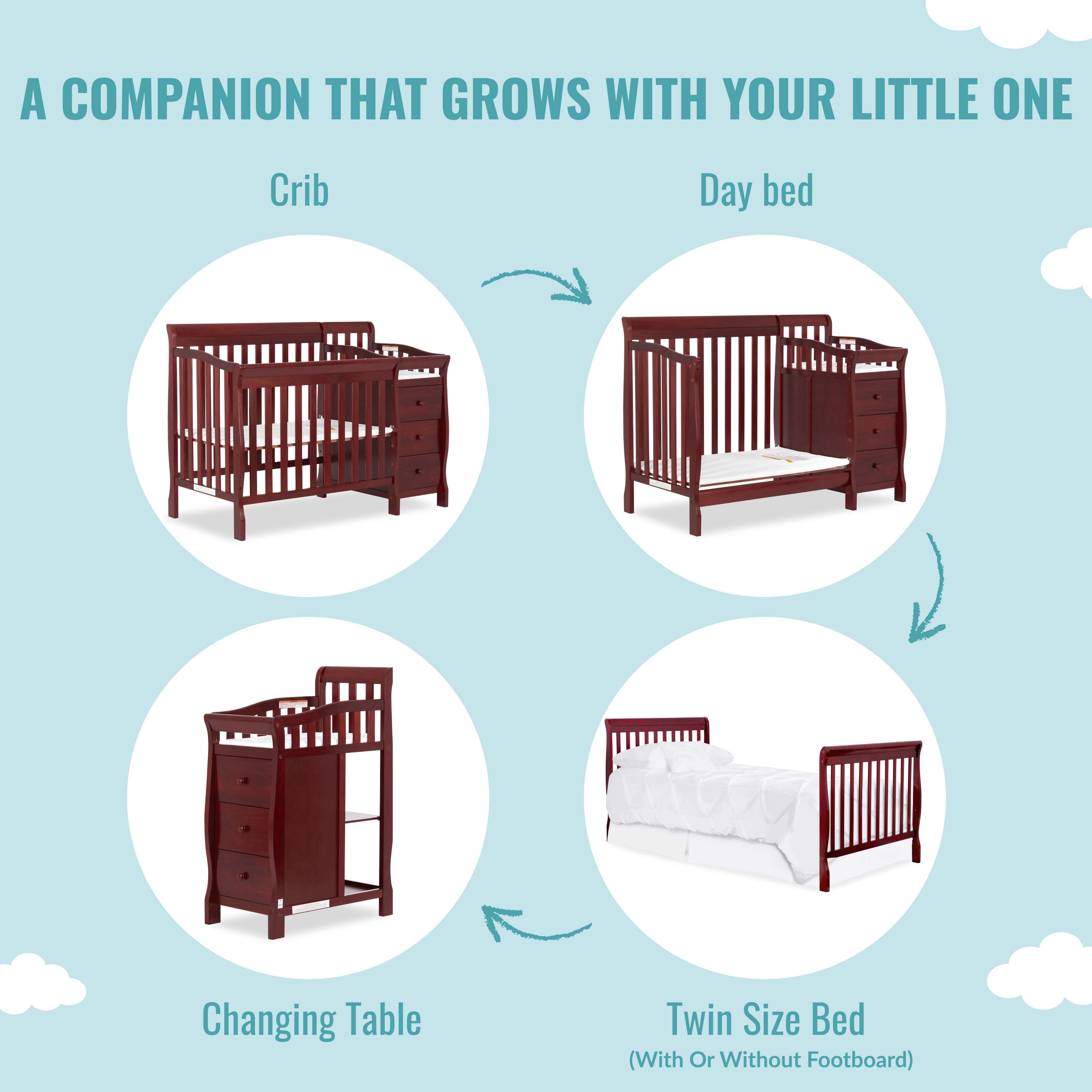 Dream On Me Jayden 4-in-1 Convertible Mini Crib and Changer, Cherry - image 5 of 11