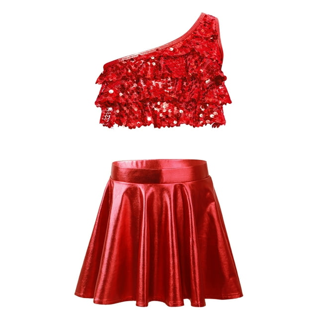 dPois Ensemble 2 Pcs pour Filles, Haut Court avec Jupe Plissée, Costume de Scène, Uniforme de Cheerleading, Rouge, 8