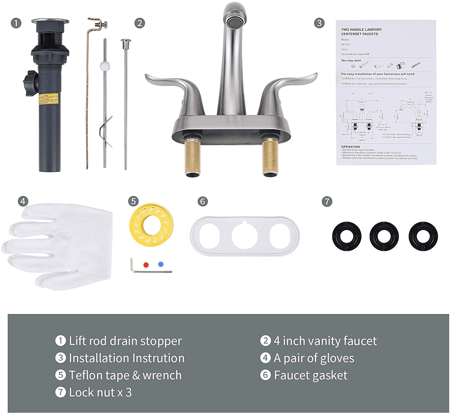 WOWOW 2 Handle 4 Inch Centerset Bathroom Sink Faucet in Brushed Nickel, Lead-Free Basin Mixer Tap with Lift Rod Drain Stopper