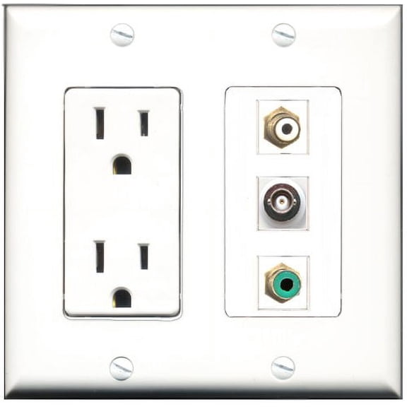 RiteAV - 15 Amp Power Outlet 1 Port RCA White 1 Port RCA Green 1 Port BNC Decorative Wall Plate