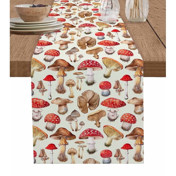 Ldtrchee Mushroom Table Runner 70 Inches, Watercolor Red Summer Botanical Farmhouse Bed Runner Dresser Scarves Tabletop for Indoor Outdoor Parties/Ceremony/Banquet, 13" x 70"
