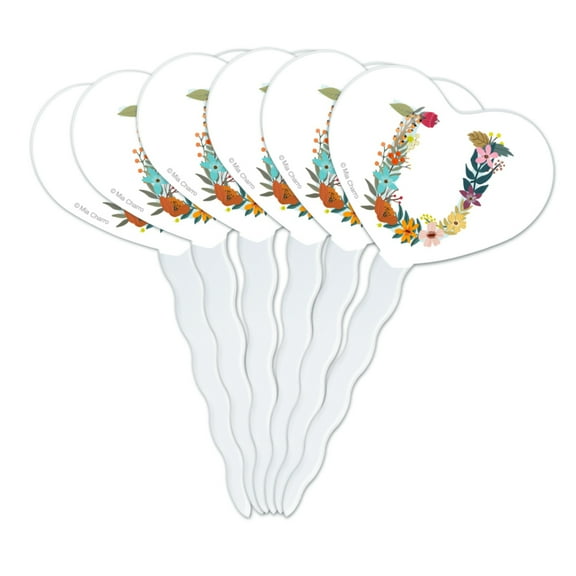 Letter U Floral Monogram Initial Heart Love Cupcake Picks Toppers Decoration Set of 6