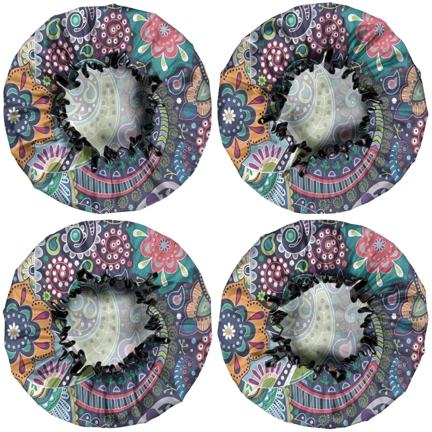 Shower Caps,Multicolor Ethnic Paisley and Floral Pattern Waterproof Shower Cap for Women 4 Pieces,Double Reusable Hair Cover for Shower PEVA Elastic Stretch Hem