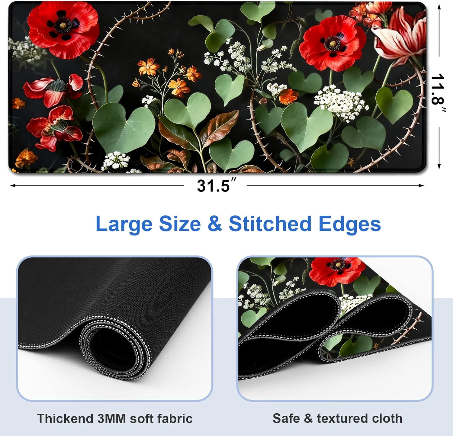 Heart Green Leaf Flower Large Mouse and Keyboard Pad, 31.5"x11.8" Full Desk Mat, Non-Slip Base, Smooth Cloth Surface, for Gaming, Office Work, Computer, PC, Laptop and Home Desktop