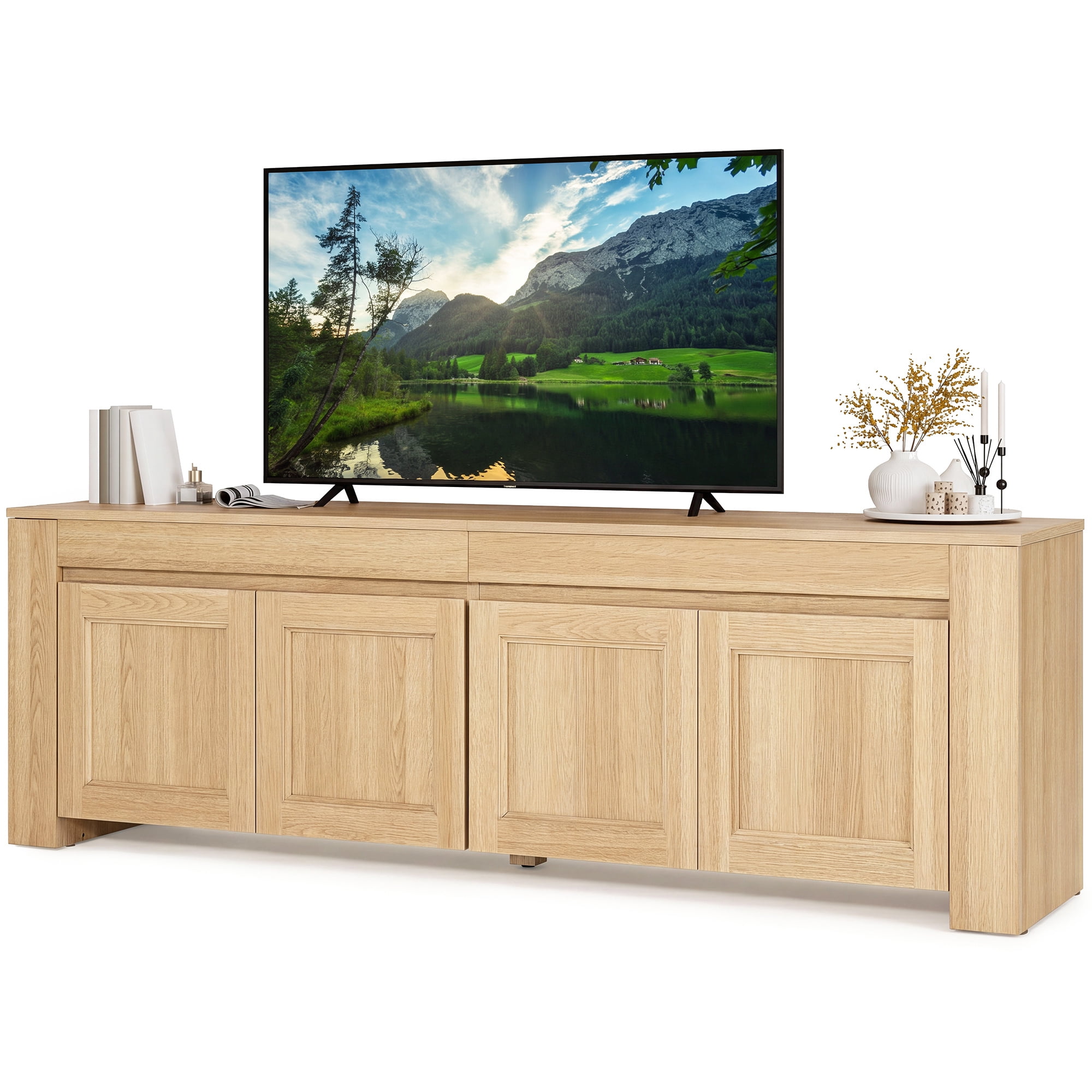 Uforic 70 Inch Modern Farmhouse TV Stand for Up to 80 Inch TVs with 4 Storage Doors & Inner Shelves for Living Room, Natural Oak