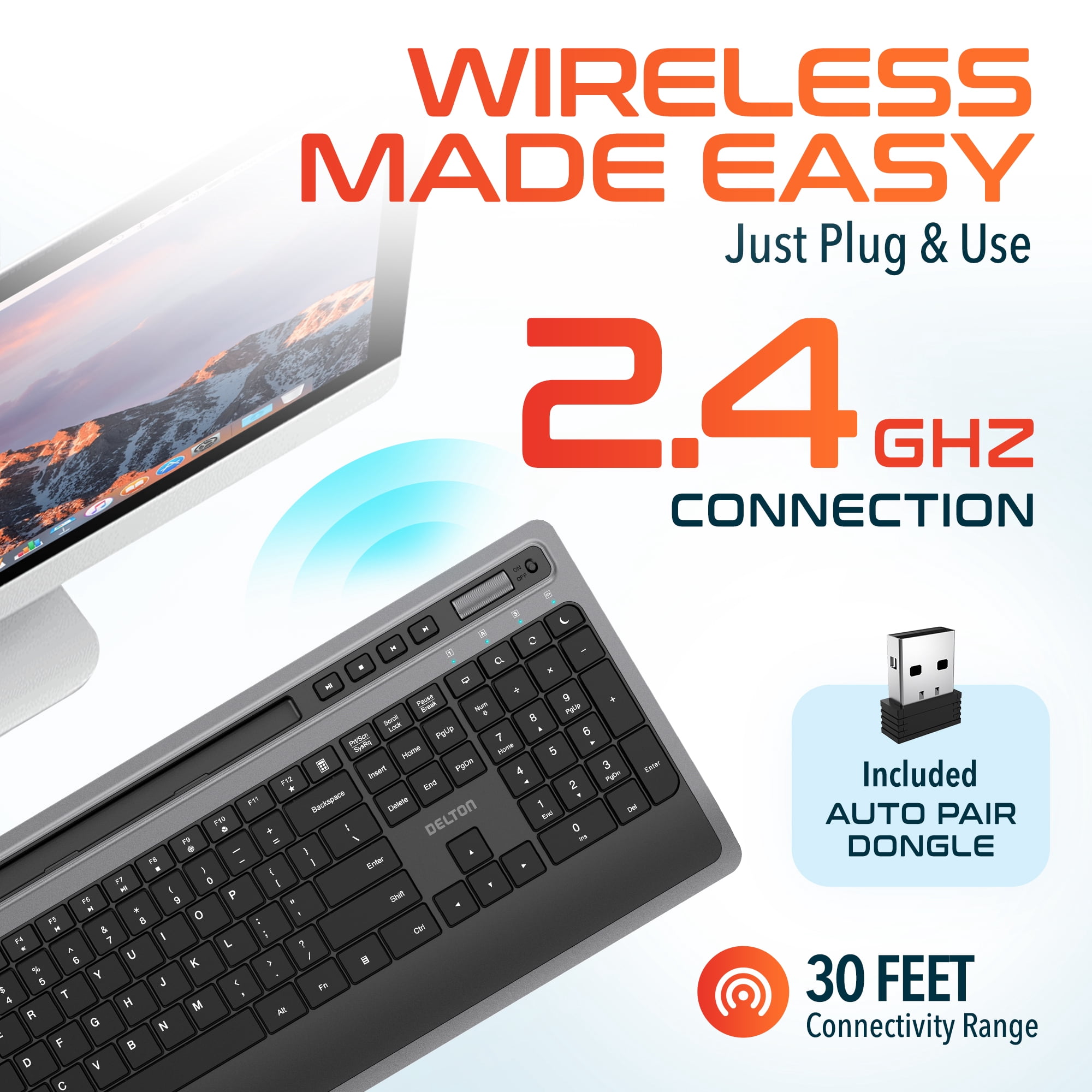 Delton T42 Ergonomic Wireless Keyboard with Phone/Tablet Holder, 2.4G Wireless Connection, Cordless Keyboard for Computer, Laptop, PC, Windows, MacOS and iOS - Black