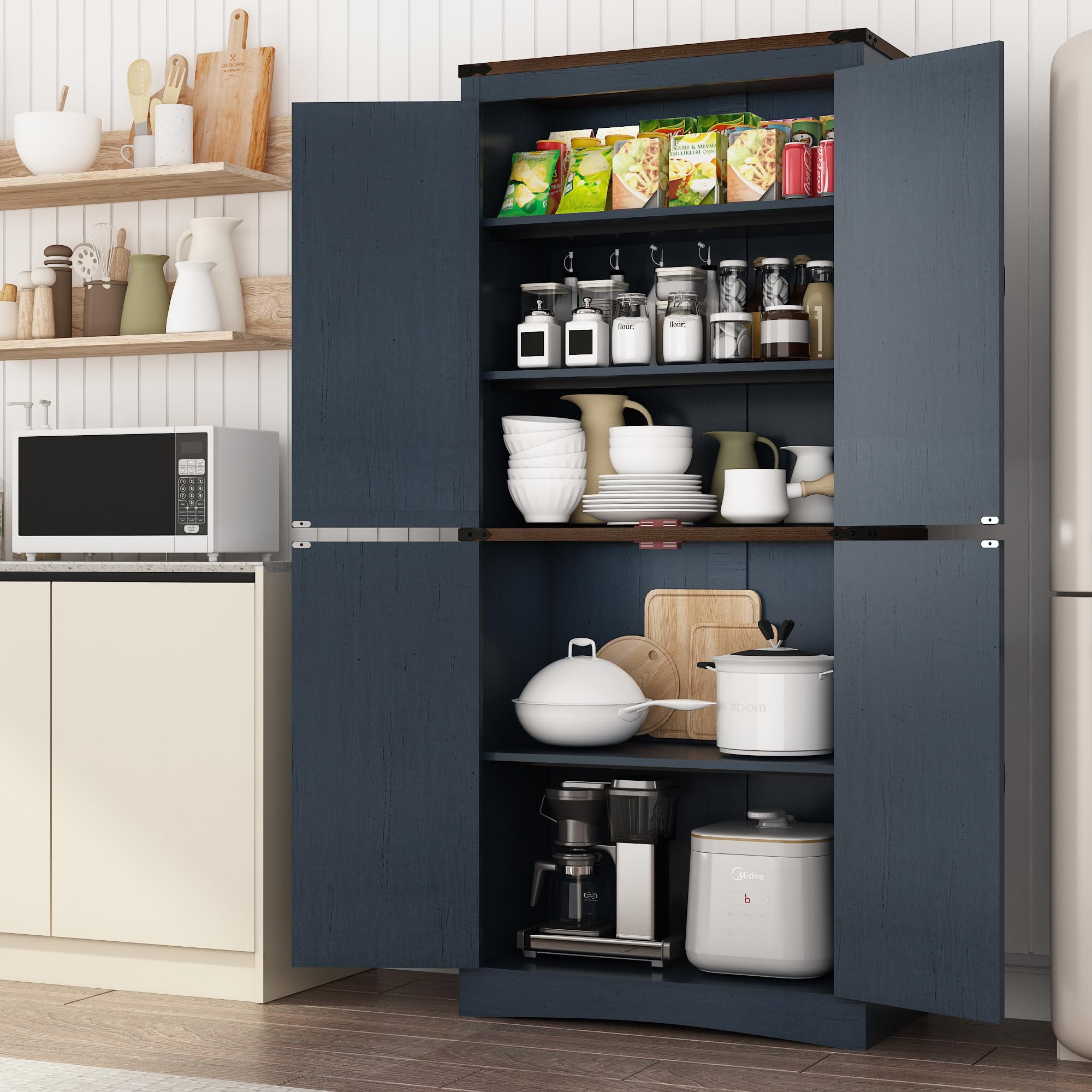 ChVans 71" Tall Farmhouse Kitchen Pantry with Adjustable Shelves, 5 Layers Pantry Storage Cabinet with Load-Bearing Steel Pipe & 4 Barn Doors for Kitchen, Dining Room, Living Room, (Blue-71")