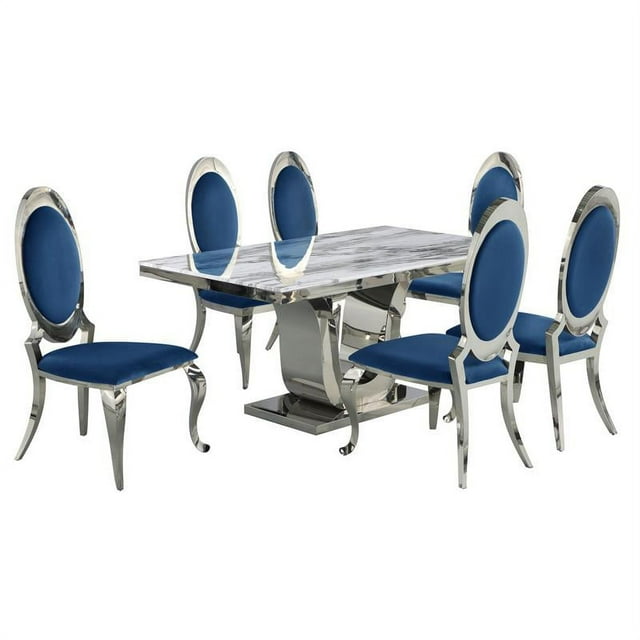 White Marble 7 piece Dining Set with Silver Stainless Steel Base