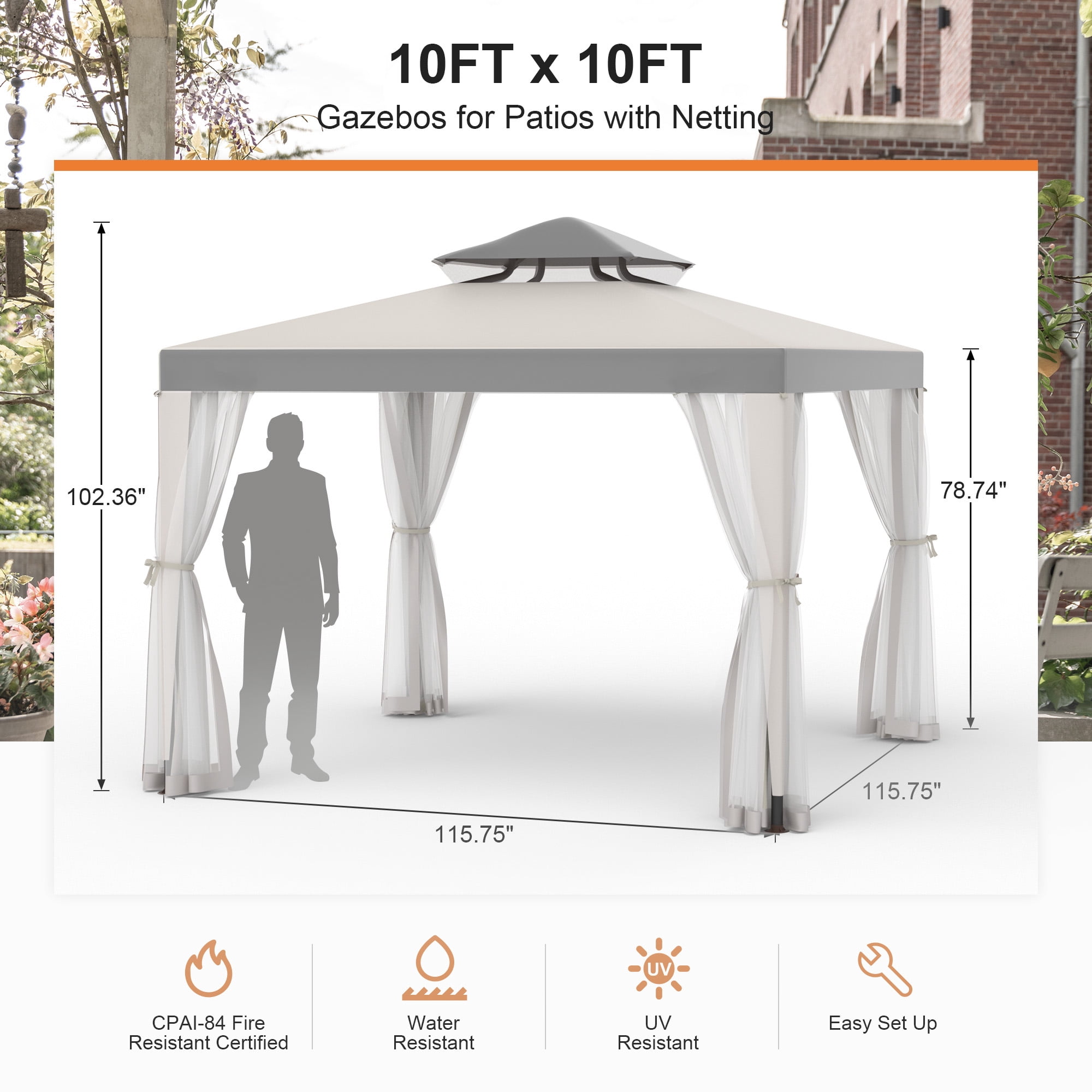 10'x10' Mosquito Netting Patio Gazebo Tent Outdoor Canopy Shelter For Garden,Grey
