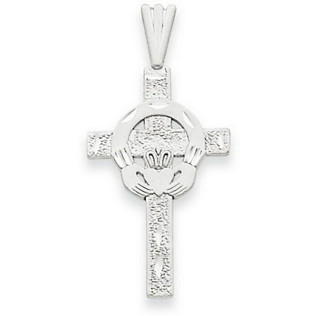 Claddagh White Pendant - 14k White Gold Satin Claddagh Cross Pendant