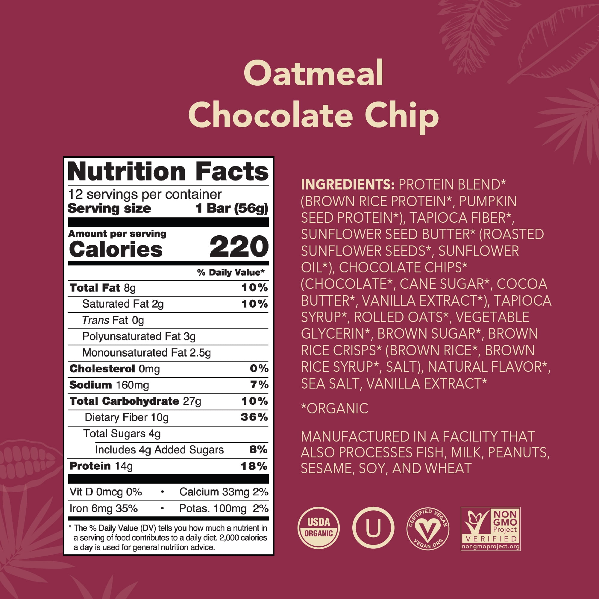 ALOHA Plant Based Protein Bars, Oatmeal, 14g Protein (Pack of 12)