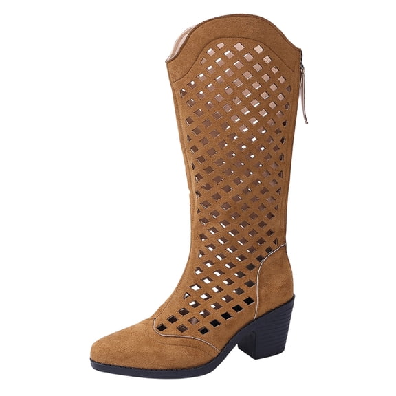 Women's Knee High Boots Back Zipper Cut-Out Chunky Heel Fall Fashion Tall Boots