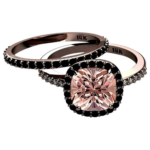 2.00 carat Real Morganite Ring Halo Bridal Set on Sterling Silver with 18k Gold Plating