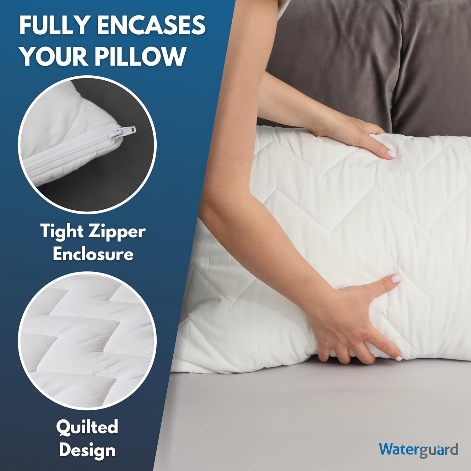 Waterguard Waterproof Pillow Protectors - Zippered Bug Proof, Quilted Thick Pillow Covers - 100% Cotton Shell Pillow Encasement - King Size (20x36) Set of 2