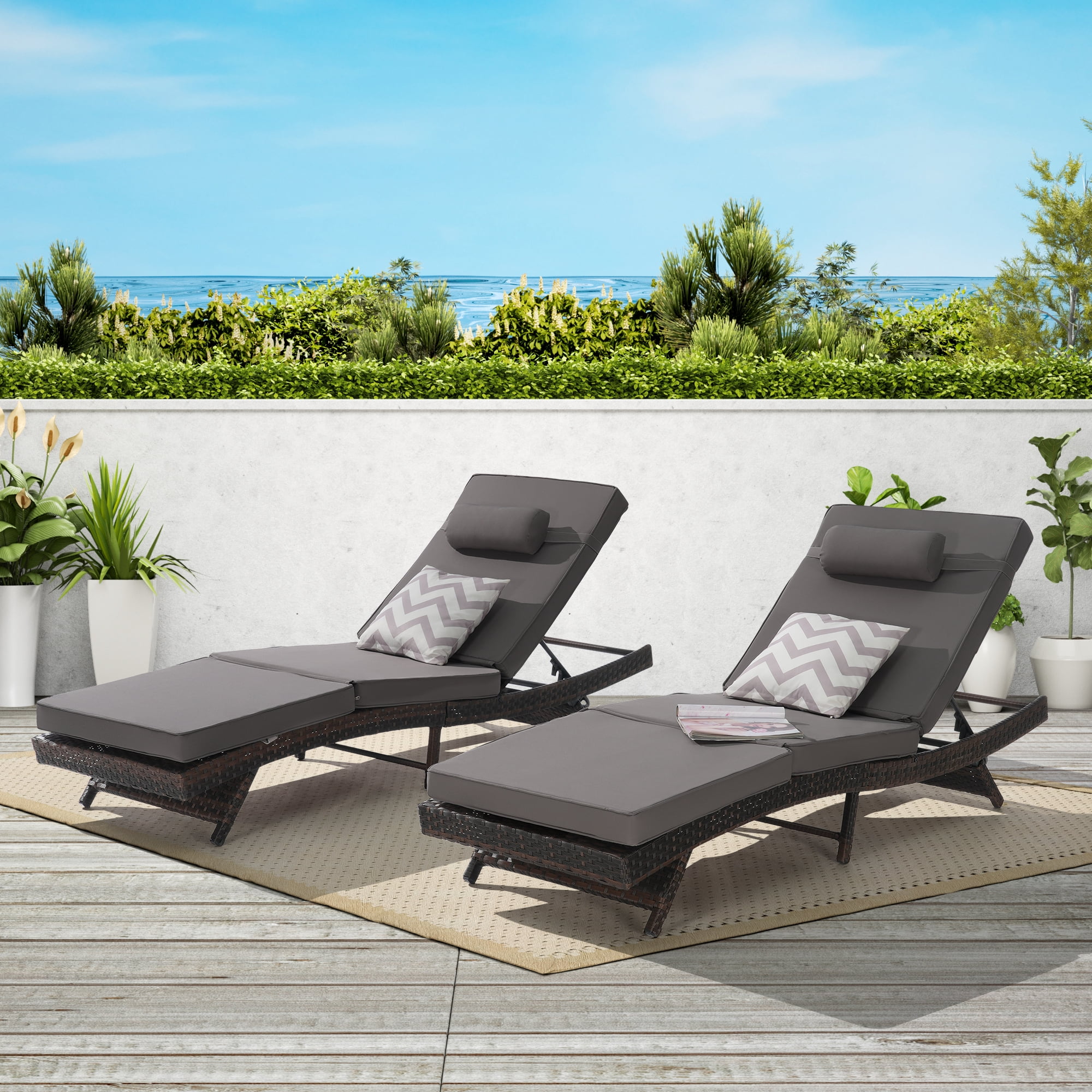 Leumius Outdoor Chaise Lounge Chair Set of 2,Wicker Long Reclining Chair with Cushions and Backrest Adjustable to 150° for Outside Pool Patio,Dark Gray