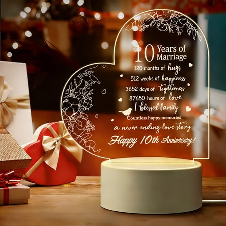Wedding Gift for Her Marriage Anniversary Present Night Light Clear Crystal Acrylic Heart Keepsake for Wife Husband Girlfriend Boyfriend (10th Style) LED Light